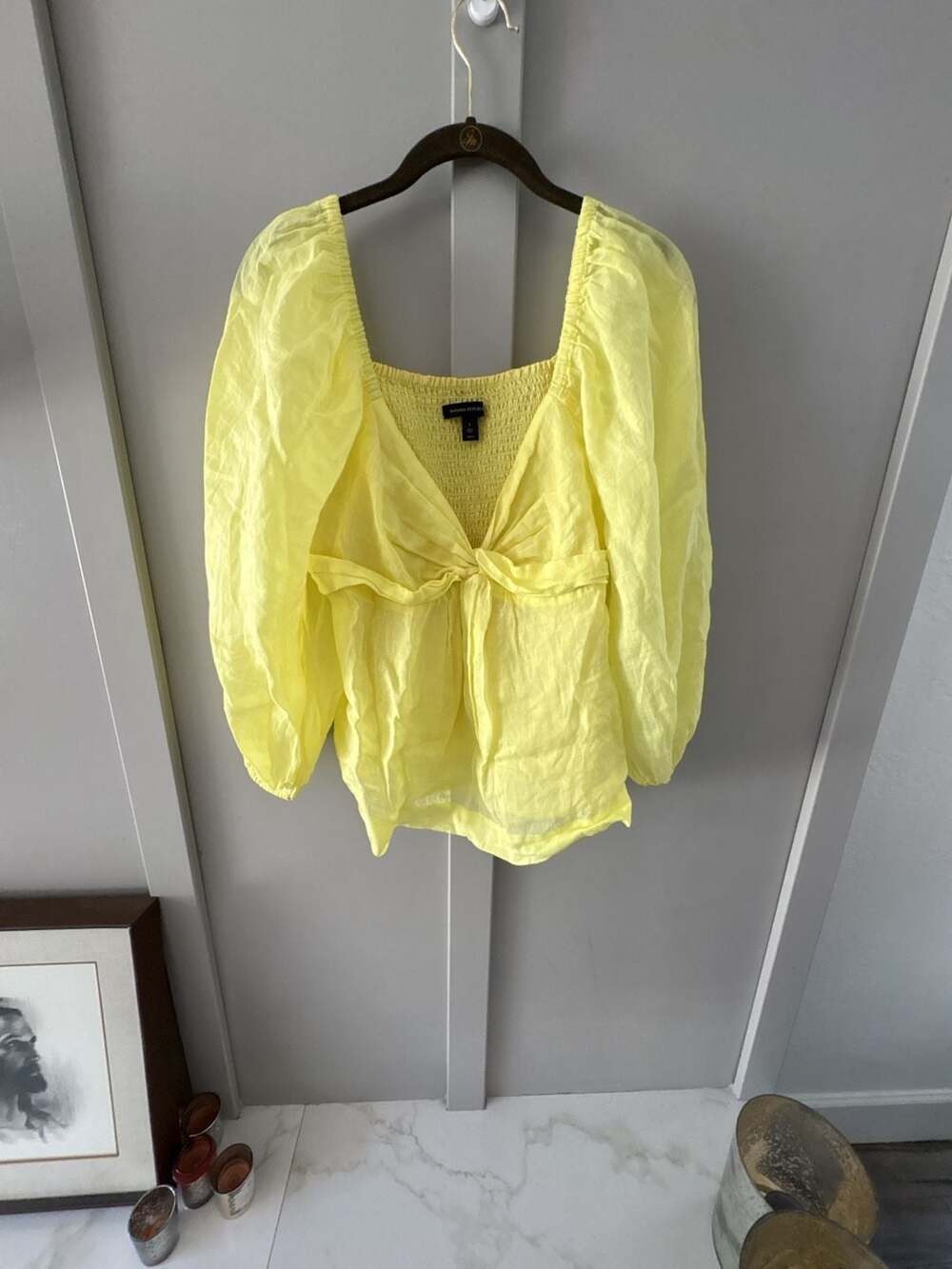 Banana Republic Yellow Twisted Front Puff Sleeve Smocked Square Neck Blouse